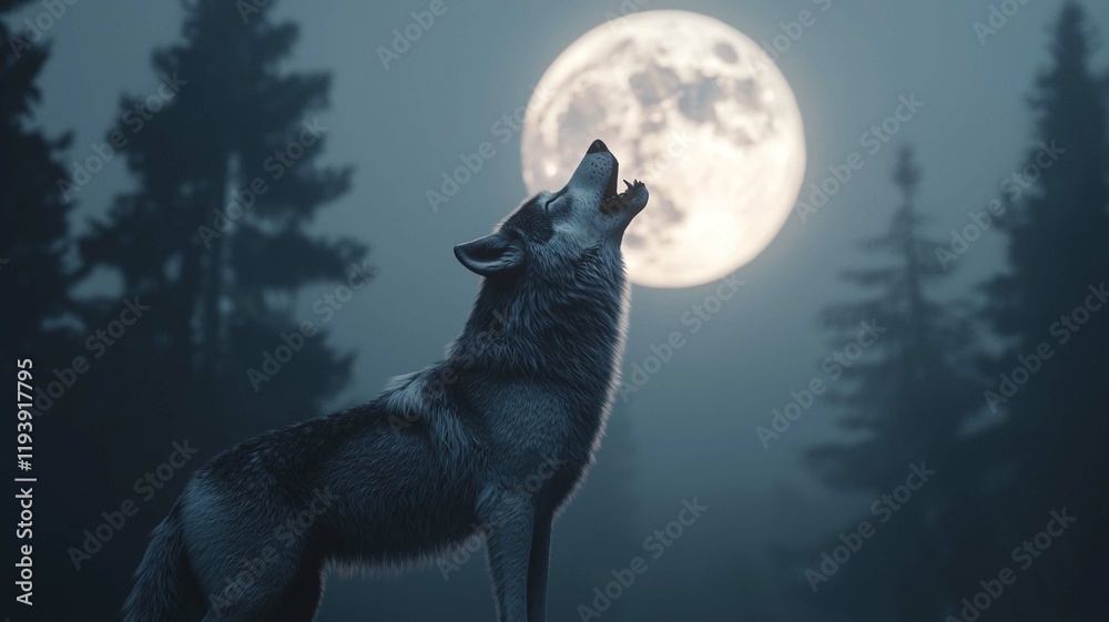 A wolf howls under a full moon amidst a foggy forest, creating a haunting and mystical atmosphere. A wolf howls under a full moon amidst a foggy forest, creating a haunting and mystical atmosphere.
