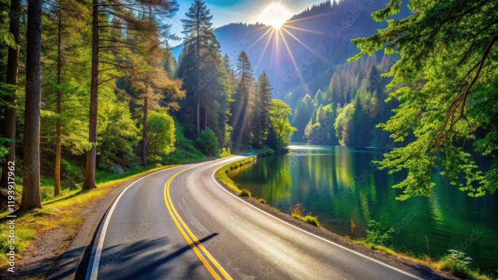 Scenic winding road alongside a tranquil lake in a lush forest bathed in golden sunlight Scenic winding road alongside a tranquil lake in a lush forest bathed in golden sunlight