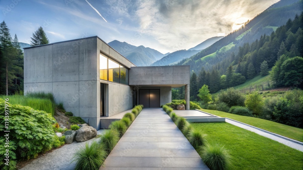 Modern Concrete Home with Mountain View and Landscaped Pathway Modern Concrete Home with Mountain View and Landscaped Pathway