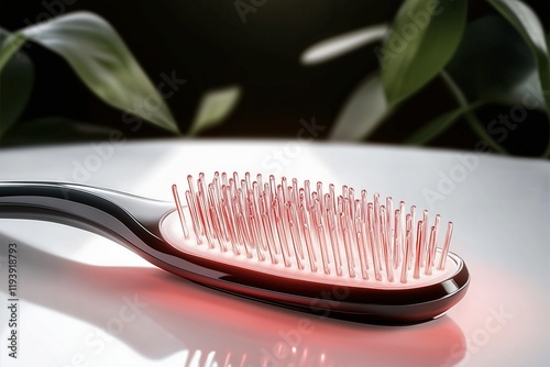 Futuristic hairbrush with red light therapy. Innovative hair care.
