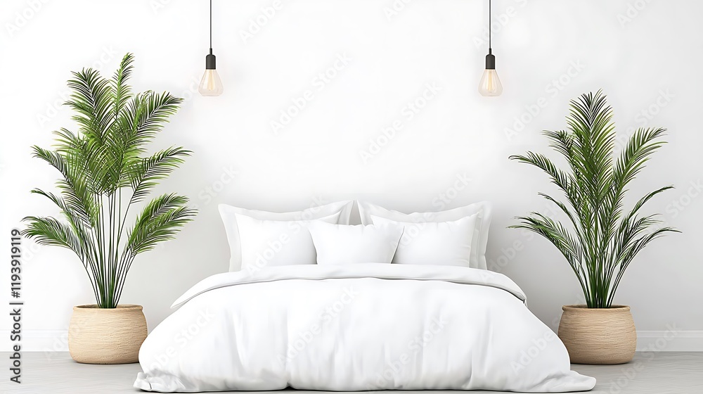 Fototapeta premium Minimalist Bedroom Mockup: White Bed, Plants - Minimalism