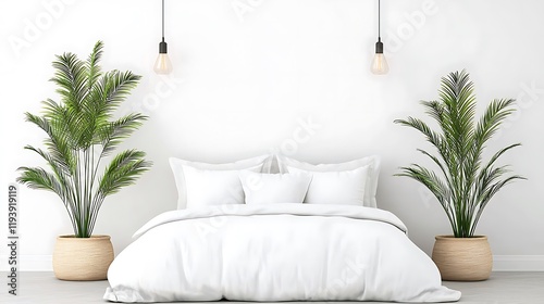 Minimalist Bedroom Mockup  White Bed  Plants - Minimalism