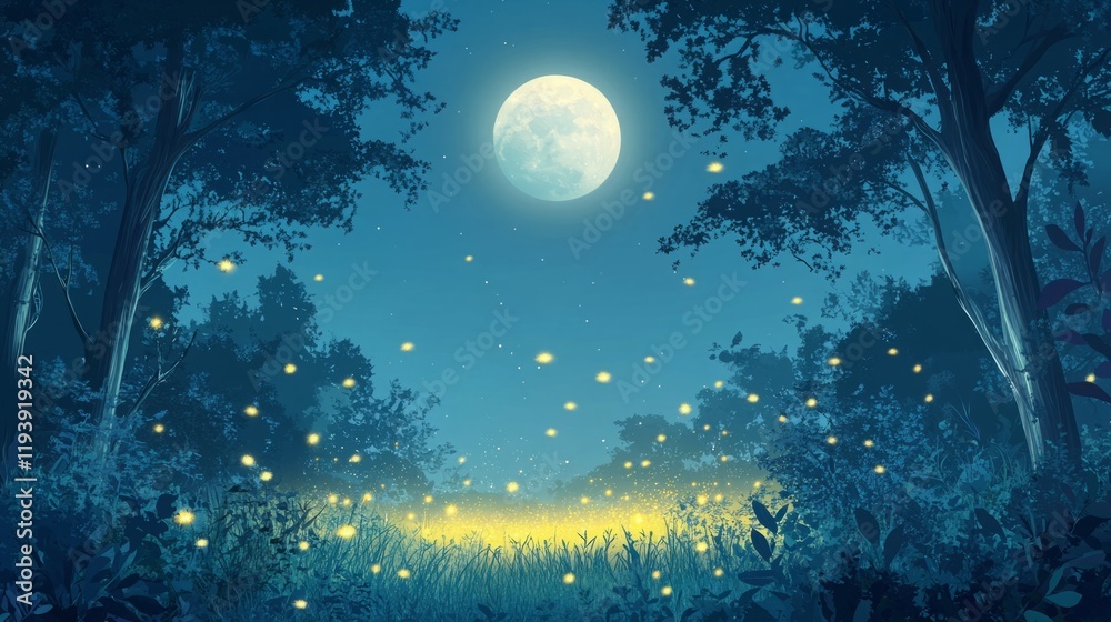 Fototapeta premium Enchanted forest at night, glowing fireflies, full moon.