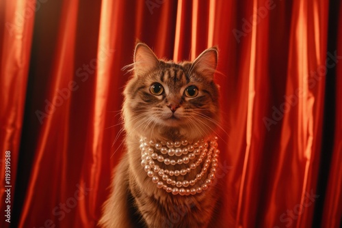 Glamorous cat adorned with pearls poses in an elegant theater setting, captivating all with its charm and beauty. Generative AI photo