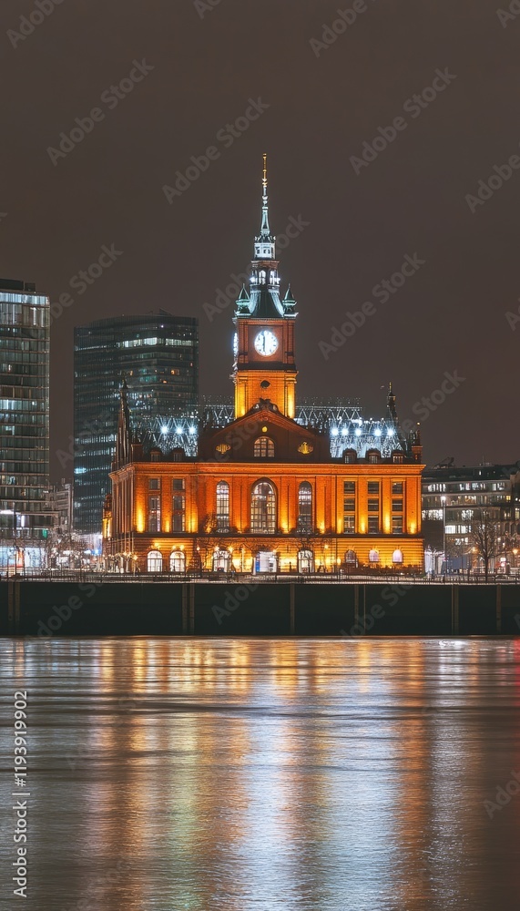Obraz premium Historic Building with a Clock Tower Beautifully Illuminated at Night in Hamburg. Germany.
