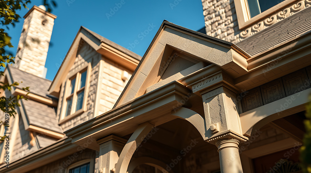 Magnificent Home Exterior: Architectural Details and Design. Luxury Real Estate, Classic Style, Elegant Facade, Stone and Brick Construction