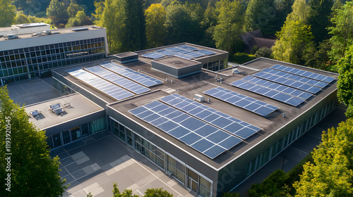 paneles solares en una empresa o industria diseño de tecnologia alternativa ecologica e innovadora para cuidar el medio ambiente  photo