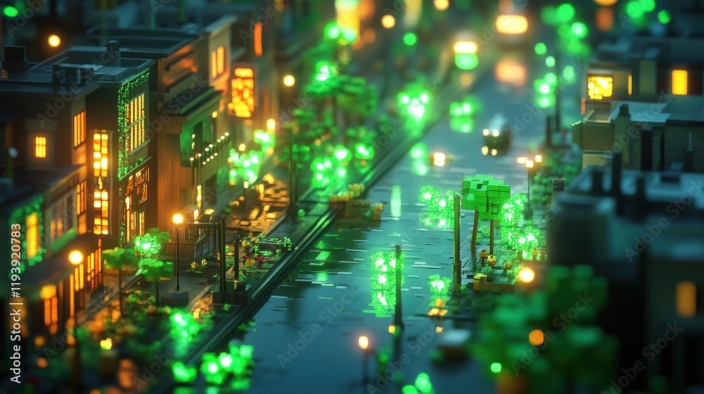 Fototapeta premium Vibrant nighttime cityscape with glowing neon lights rainy street blurred transportation and reflections creating a lively and atmospheric urban landscape