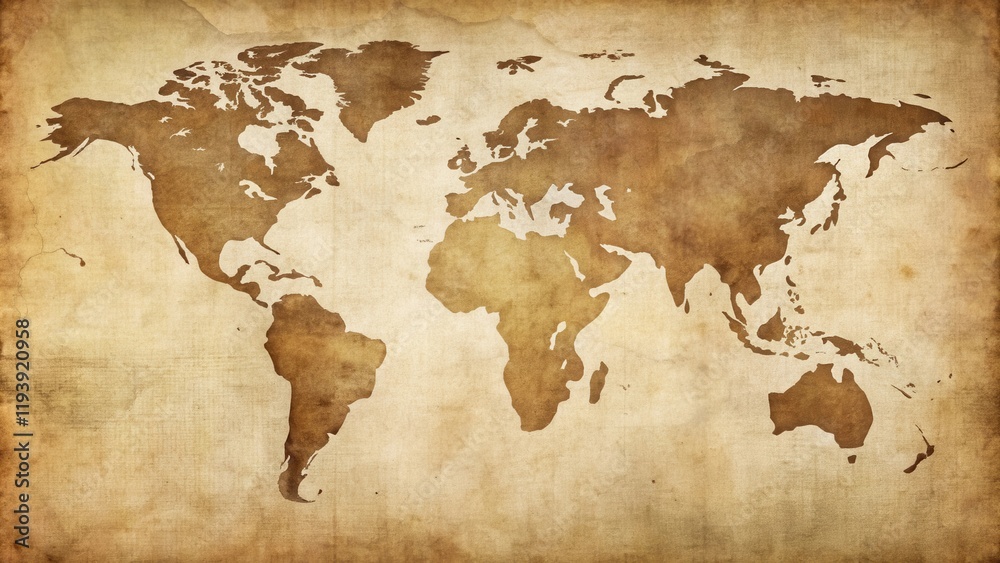 Naklejka premium Aged World Map Antique Paper Texture Background for Travel, Exploration, and Global Concepts