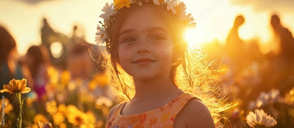Fototapeta premium Radiant young girl with a joyful smile surrounded by a vibrant field of colorful flowers basking in the warm glowing embrace of the setting sun