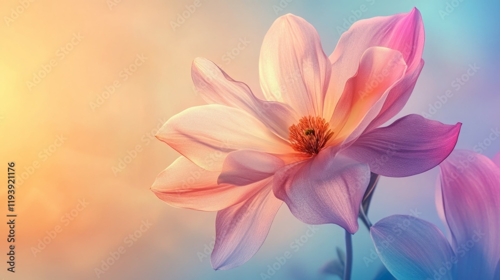 Fototapeta premium Soft pastel magnolia blossom bathed in warm sunlight. Delicate petals and vibrant colors.