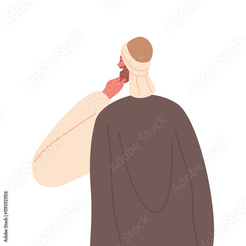 Ancient Israel Man Wear Traditional Attire, And Headwear. Male Character Rear View With Distinctive Middle Eastern