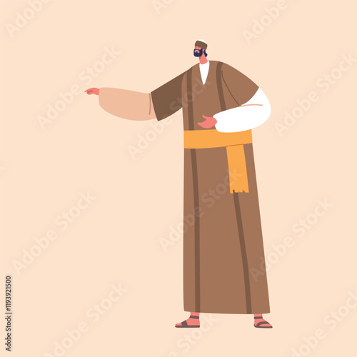 Ancient Israelite Man Isolated On Beige Background. Male Character Wear Long Robe, Headwear And Sandals