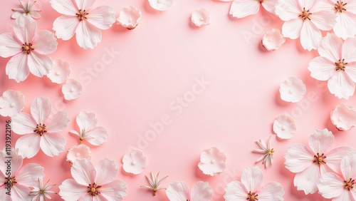 Overhead view of pink hues with delicate white cherry blossoms adorning both sides. Scattered petals float gracefully across the canvas, creating a serene and enchanting scene