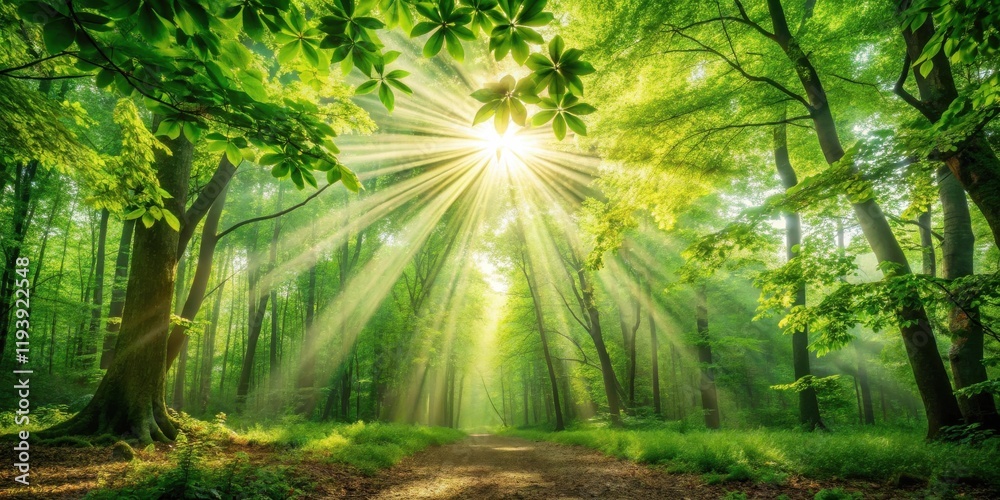 Obraz premium Sunbeams Illuminate a Path Through a Lush Green Forest