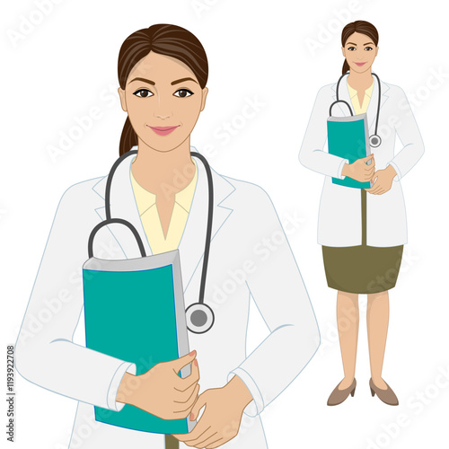 Lady doctor. Vector illustration of a female doctor. Closeup and full standing pose..