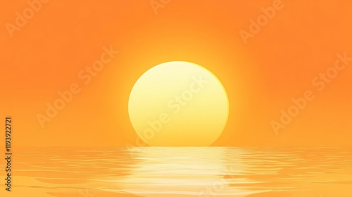 Serene sunset over calm ocean waters. Warm, golden hues dominate the scene.