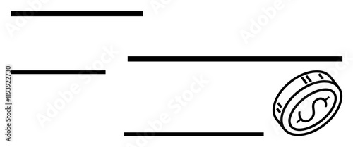 Dollar coin tilted and surrounded by parallel lines suggesting movement and progress. Ideal for finance, investment, economics, business growth, financial planning, savings, wealth management. Line