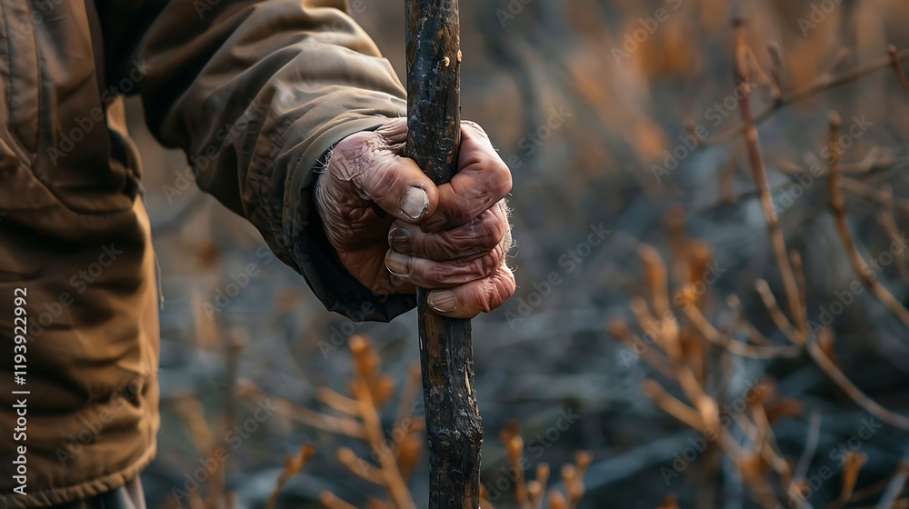 Obraz premium Closeup of an old man's hands holding a wooden stick.