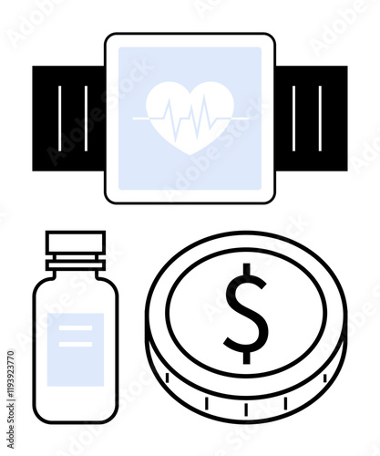 Smartwatch with heartbeat display, medicine bottle, dollar coin. Ideal for health tech, fitness, medical expenses, wellness investment, telemedicine, innovation abstract line flat metaphor