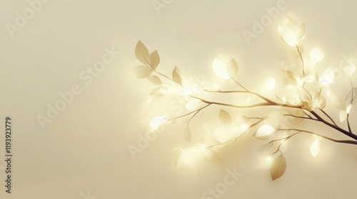 Glowing branch with delicate leaves, softly lit against a warm background. Serene and elegant.