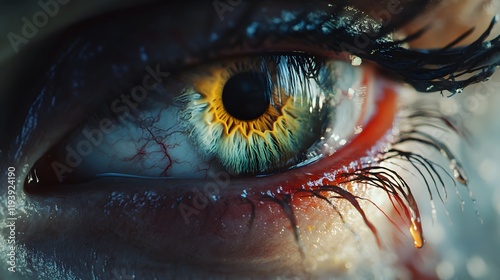 An extreme close-up of a single tear falling from a bloodshot eye, the lashes damp and trembling, with soft light emphasizing every detail of vulnerability and despair
