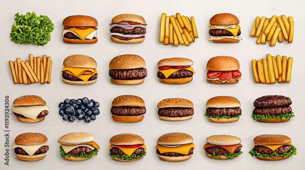 Top view of various burgers, french fries, lettuce, and blueberries arranged on a white background. Top view of various burgers, french fries, lettuce, and blueberries arranged on a white background.