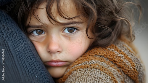 A child s face resting against an adult s shoulder, their tearful eyes gazing outward, the contrast between comfort and sadness beautifully captured