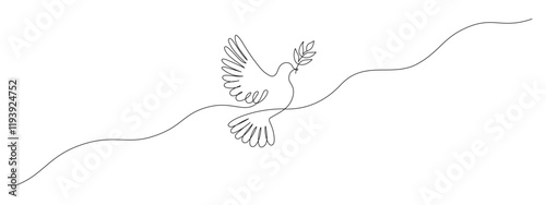 White dove in one continuous line drawing. Bird symbol of peace and freedom in simple linear style. Concept for wedding invitation icon. Editable stroke. Doodle oneline vector illustration