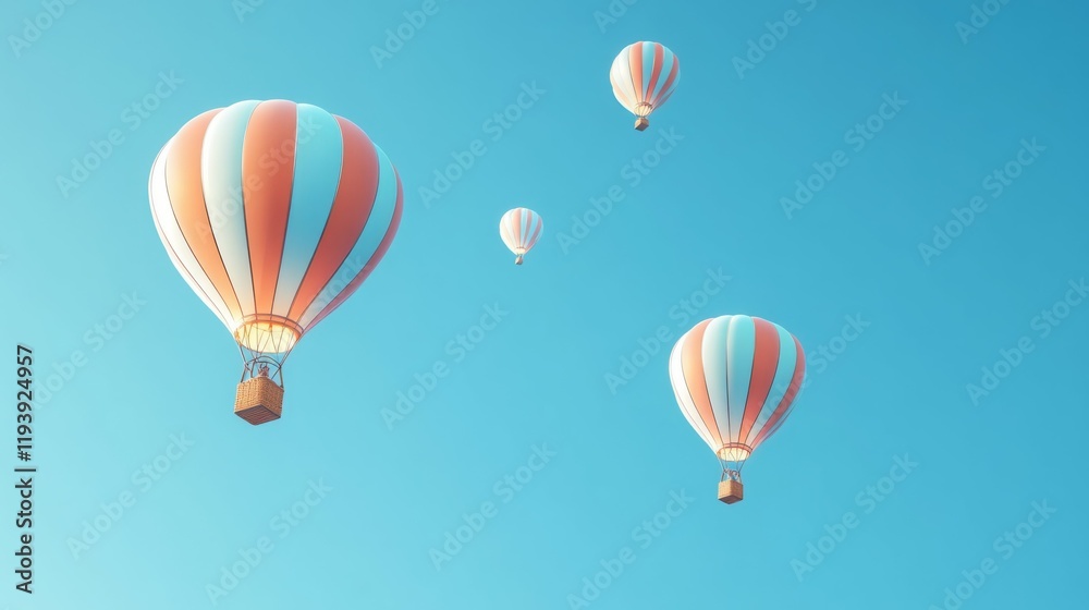 Obraz premium Pastel-colored hot air balloons drift peacefully against a clear blue sky. Serenity and adventure.