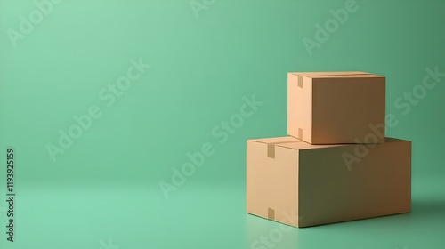 un fondo verde con espacio de copia vacio con dos cajas de carton corrugado apiladas paquetes para ser enviados por paqueteria o mensajeria entrega y logistica