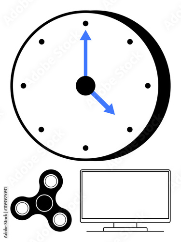 Analog clock with blue hands, black fidget spinner, and simple computer monitor. Ideal for productivity, time management, focus, work-life balance, mindfulness stress relief office decor. Line