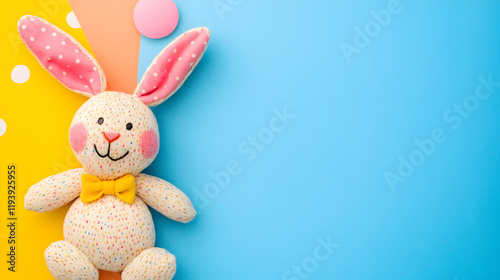 un fondo colorido con espacio de copia vacio con un conejo adorable de peluche como decoracion juguetes infantiles para diseño o tarjeta decorativa con concepto de pascua photo