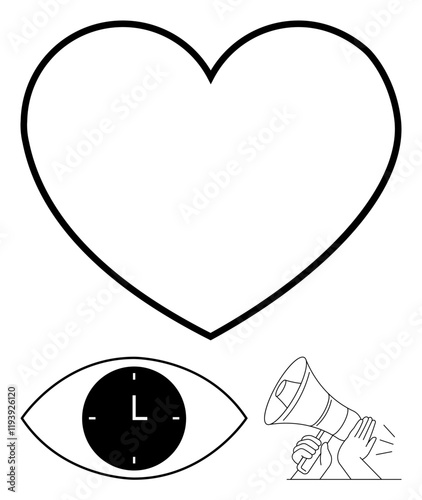 Heart for love, eye with clock for time-focused awareness, megaphone for outreach or communication. Ideal for time management, awareness, campaigns, relationships, social action, motivation abstract