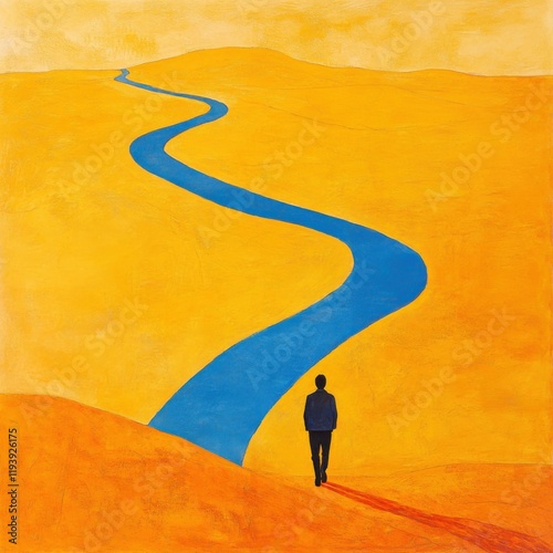 The Solitary Journey: A Man Walks Beside a Winding Blue River in a Golden Desert Landscape