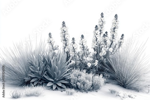 desert botanical composition with dramatic sunbleached agave sculptural cacti and windcarved yucca plants high contrast monochromatic style on stark white