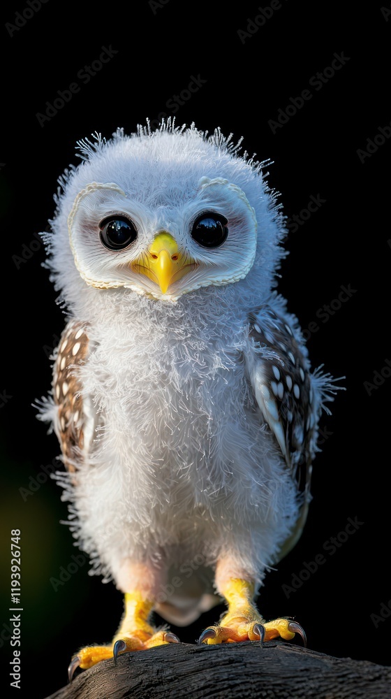 Fototapeta premium Adorable Baby Owl Fluffy White Owlet on Black Background
