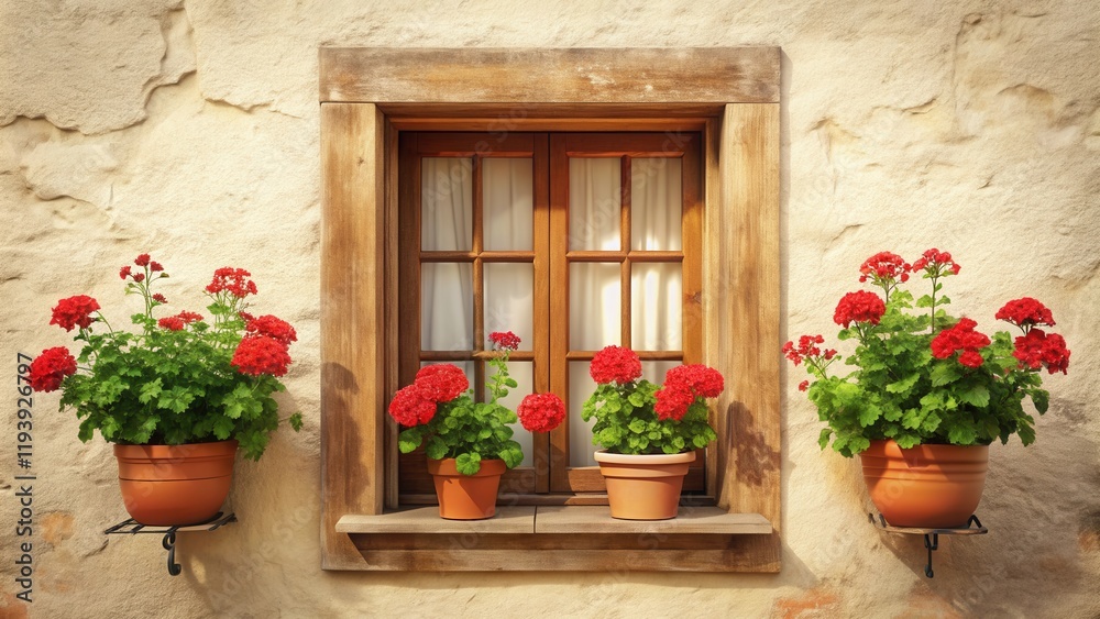 Rustic Window with Vibrant Red Geraniums in Terracotta Pots