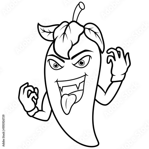 Cartoon angry chili pepper with tongue out line art