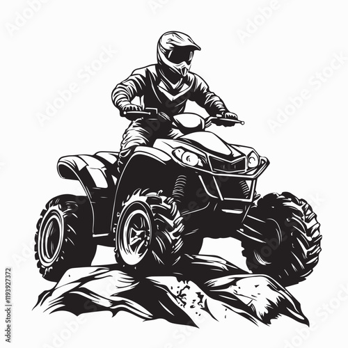 Adventurous ATV Rider Balancing on a Boulder in the Wild Vector Art Illustration.