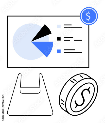 Pie chart with segments, dollar coin, and shopping bag illustrating sales analysis, budgeting, revenue, consumer spending, retail trends, e-commerce and financial planning. Abstract line flat