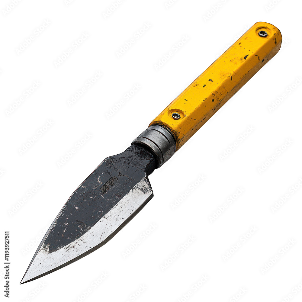 A yellow-handled knife with a sharp, pointed blade. A yellow-handled knife with a sharp, pointed blade.