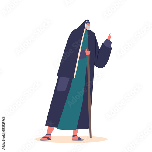 Ancient Israelite Man Stands Tall, Holding A Long Staff. Male Character Wears Traditional Clothing And A Head Covering