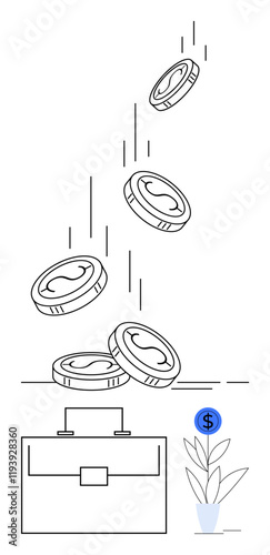 Coins fall into a briefcase, nurturing a plant with a dollar sign bloom. Ideal for finance, investments, business growth, prosperity, saving, entrepreneurship, abstract line flat metaphor