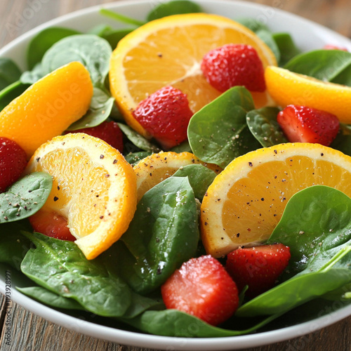 Pair Iron with Vitamin C, iron-rich foods like spinach, lentils with Vitamin C sources like orange, lemon and strawberry photo