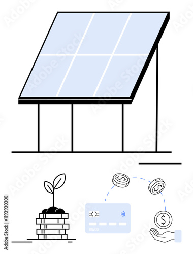 Solar panel generating energy, small plant growing on coin stacks, credit card with dollar coins highlighting financial transactions. Ideal for green energy, investment, sustainability, eco-finance