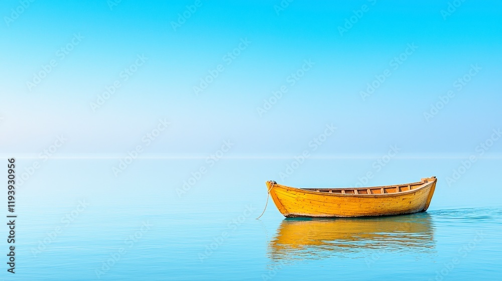 Naklejka premium Tranquil Yellow Boat Floating on Calm Water Under Clear Blue Sky at Sunrise or Sunset in Peaceful Landscape