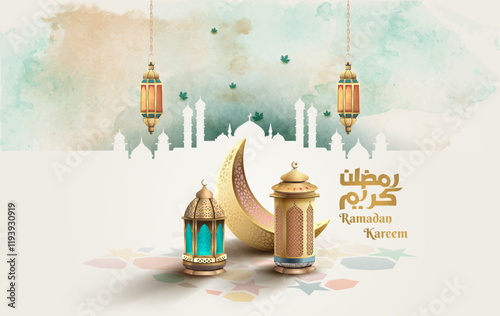 islamic greetings ramadan template design with islamic decoration, lanterns and crescent