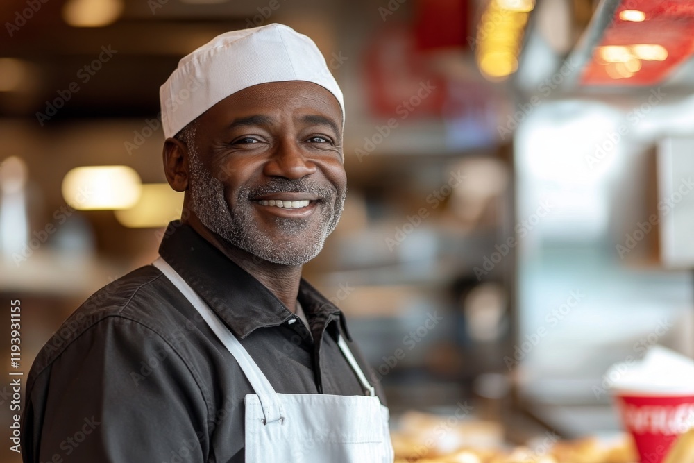 Portrait of a middle aged male African American fast food worker Portrait of a middle aged male African American fast food worker