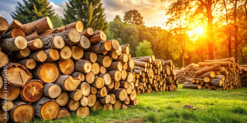 Golden Hour Lumber Pile in a Verdant Meadow